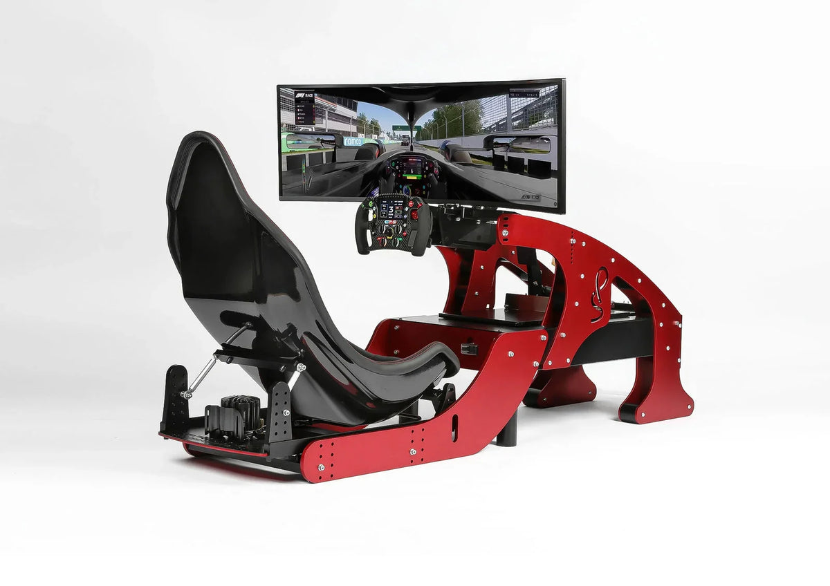 Racing simulator cockpit with bucket seat, red frame, steering wheel, pedals, and curved monitor displaying a racing track