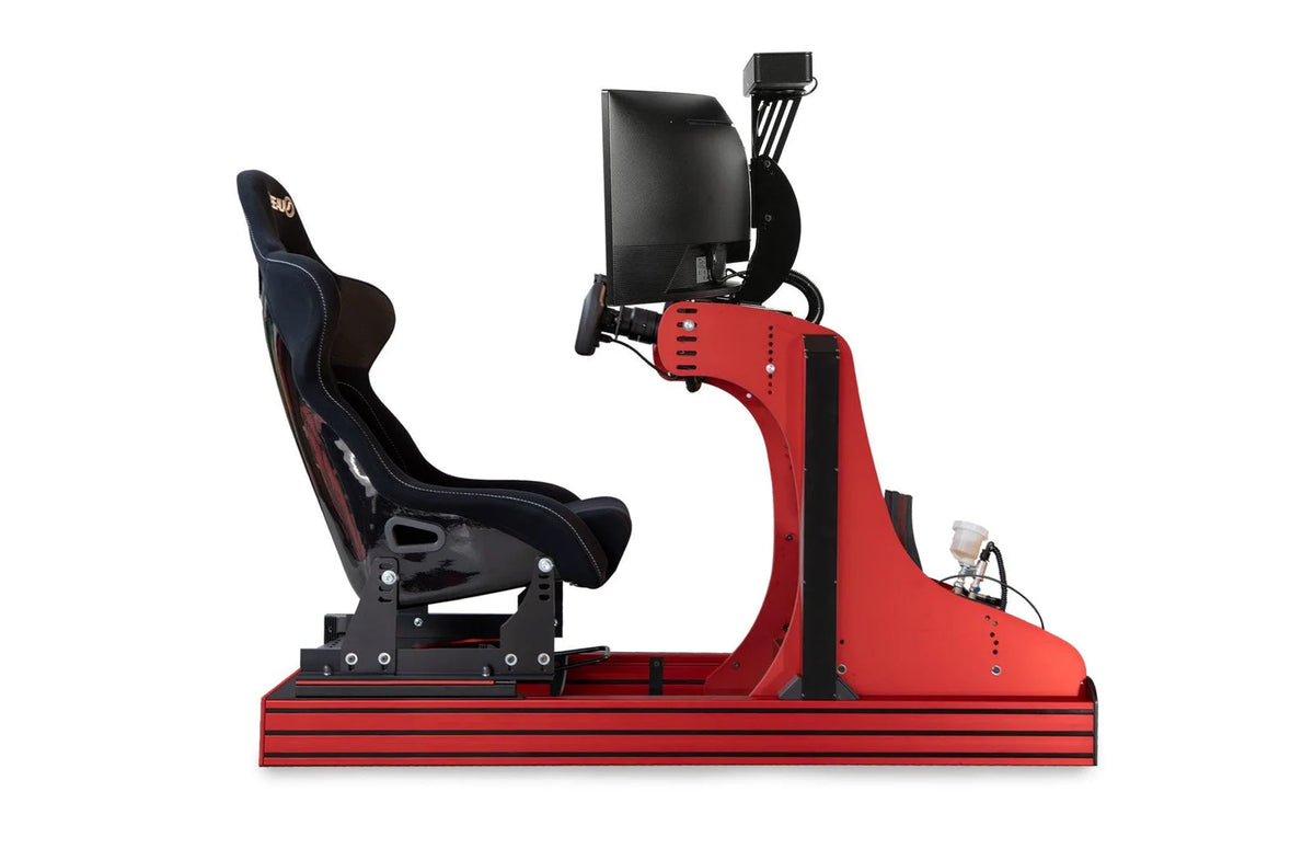Red racing simulator rig with a molded racing seat, mounted black display, control hardware, and long rectangular base