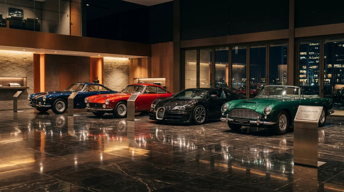 Luxury collector cars displayed in an opulent private showroom
