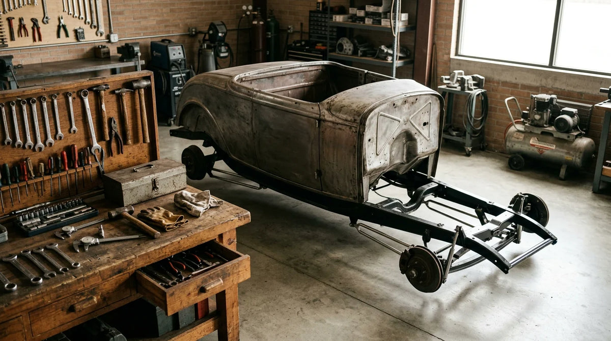 Genuine 1932 Ford roadster project on its original frame in a professional garage