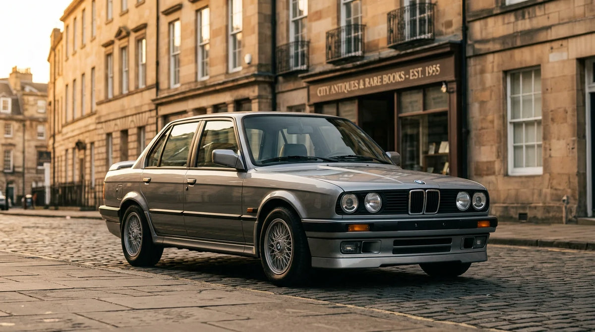 1980s German compact performance saloon photographed in an urban setting at golden hour