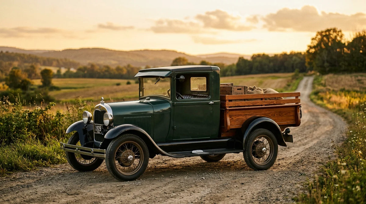 Restored 1929 Ford Model A pickup truck on a country road at golden hour