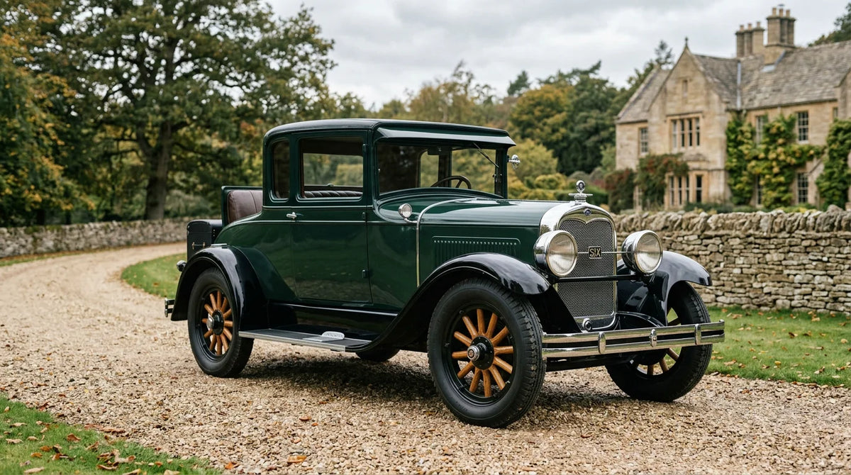 Restored green and black 1928 Pontiac coupe on an estate driveway
