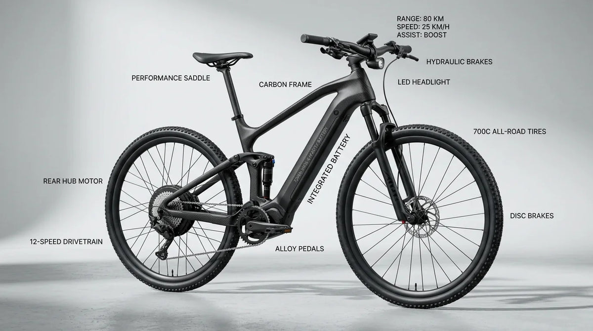 Sleek carbon fiber electric bike photographed in a professional studio