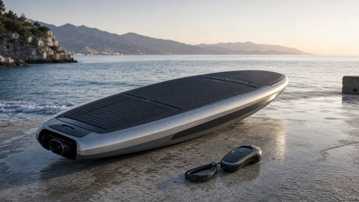 Generic electric surfboard on a coastal launch platform with a handheld remote