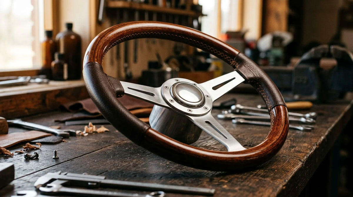 Handcrafted Italian three-spoke steering wheel with mahogany rim and leather grip
