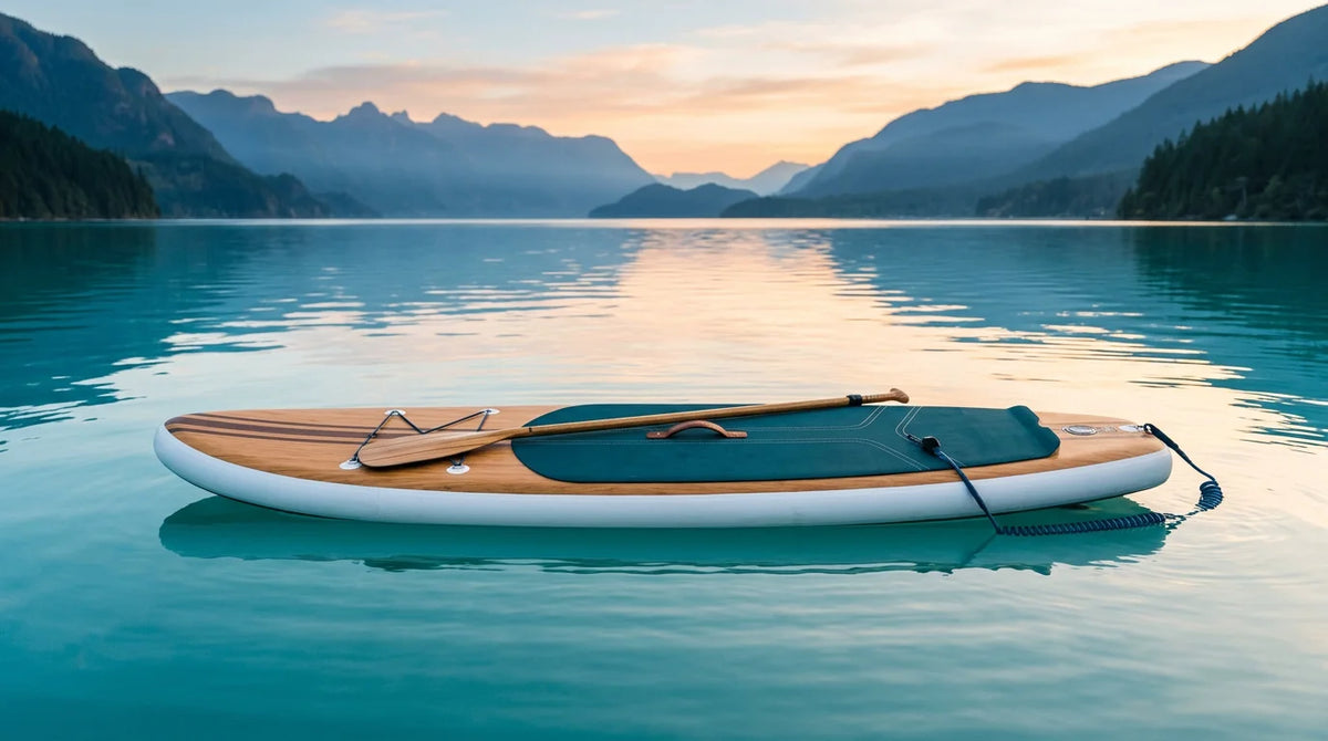 Refined mid-century inspired paddleboard floating on calm turquoise water at dawn