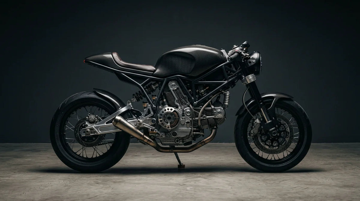 Premium hand-built custom motorcycle photographed in a studio with dramatic lighting