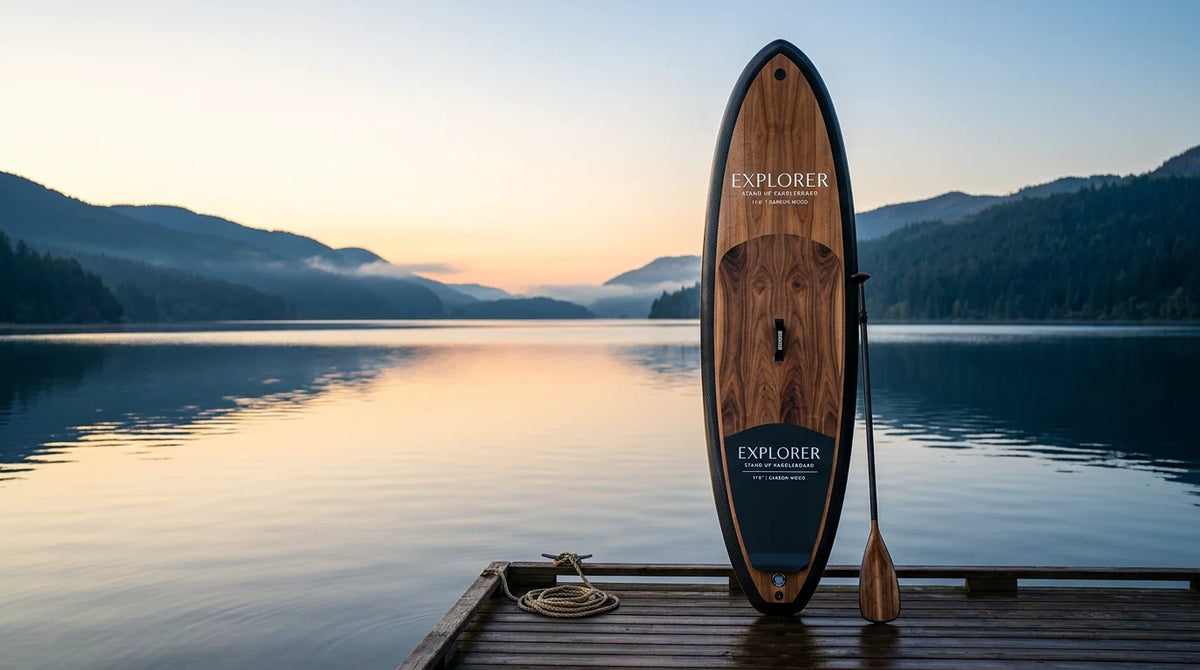 Elegant carbon-fiber and wood-veneer luxury paddleboard against open water at dawn