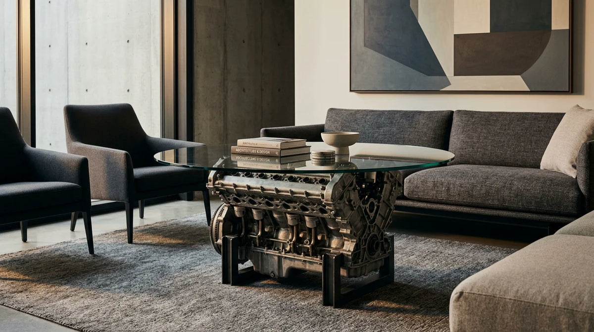 Authentic engine transformed into a functional table as an interior centerpiece