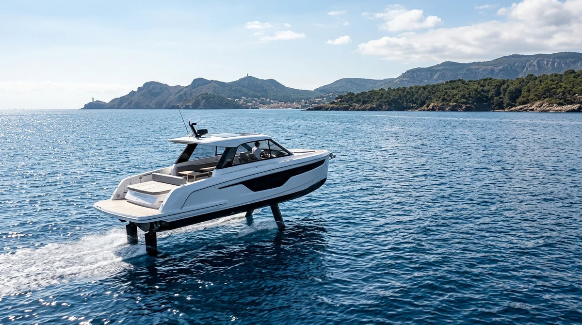 Electric hydrofoil boat flying above open blue water