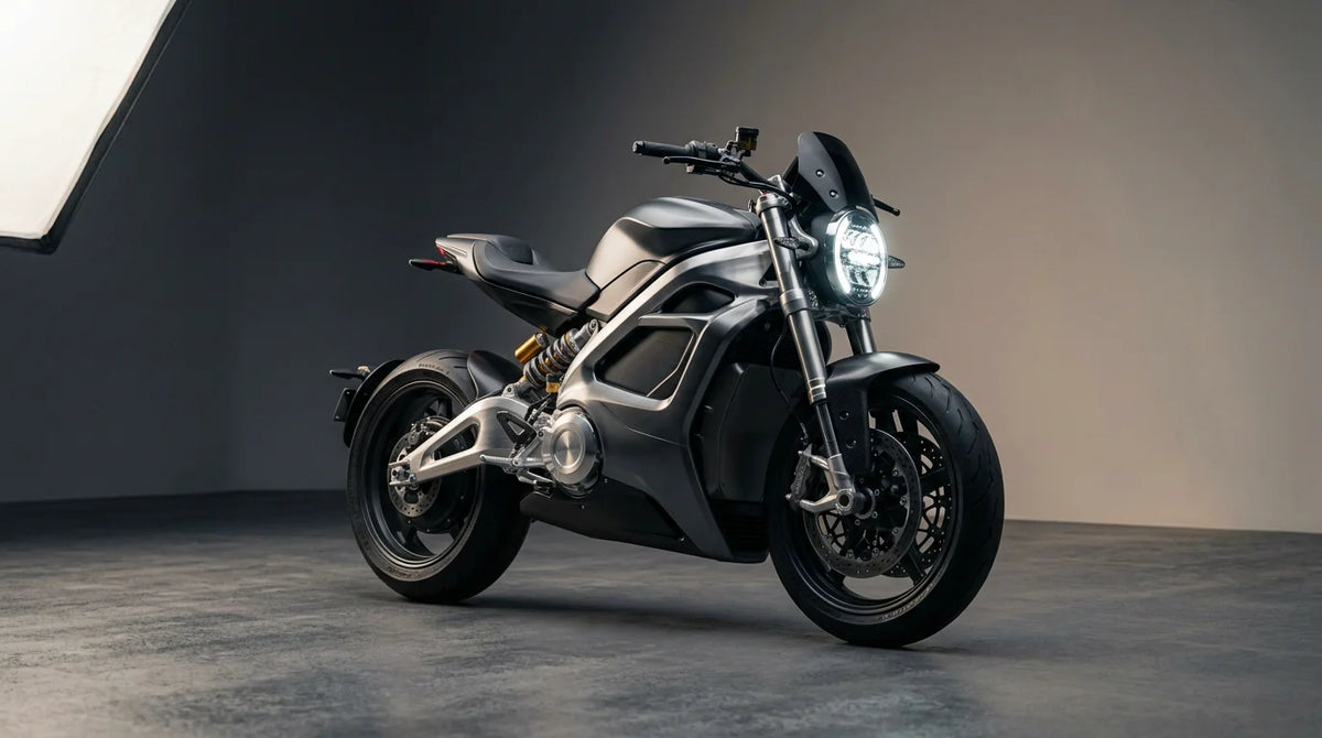 Sleek modern electric motorcycle on a minimalist studio backdrop