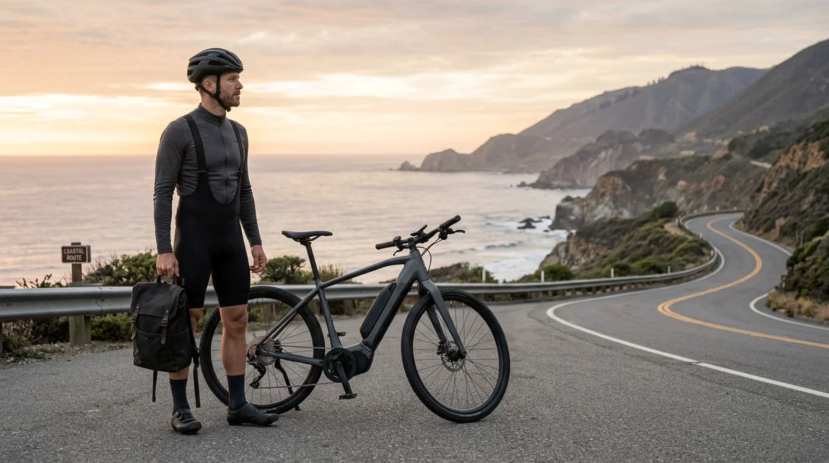 Rider beside a modern electric bicycle on a scenic coastal road at sunrise