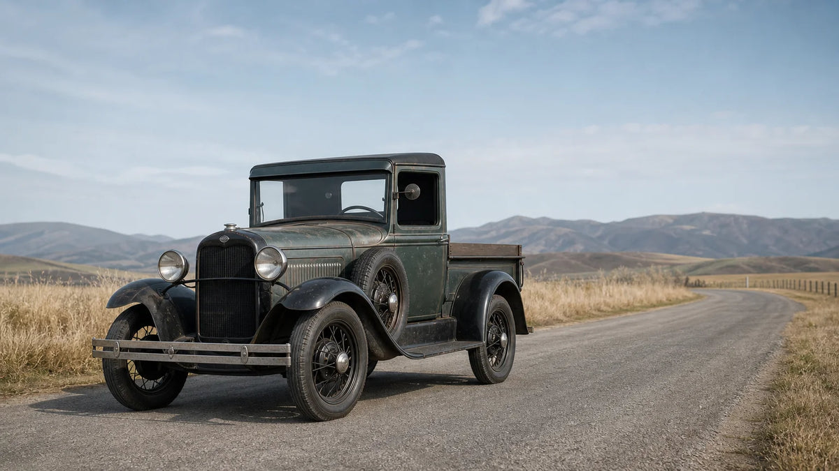 Restored 1931 Ford Model A pickup truck on a quiet rural road