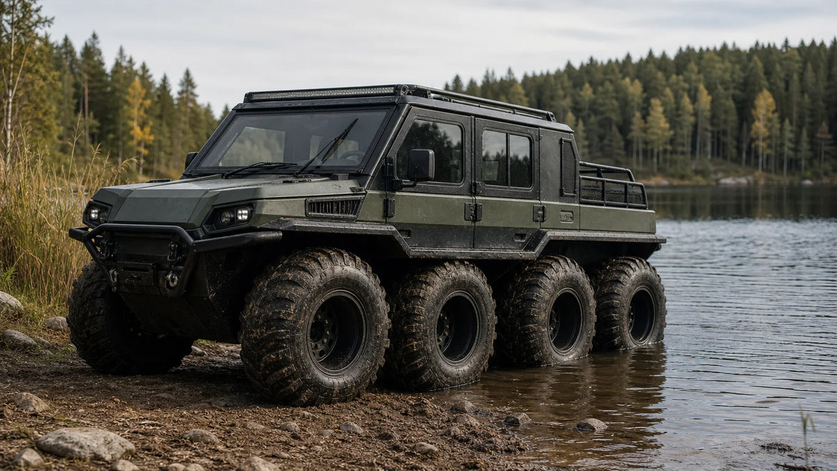 Realistic amphibious 6x6 vehicle positioned between a muddy shoreline and shallow lake water.