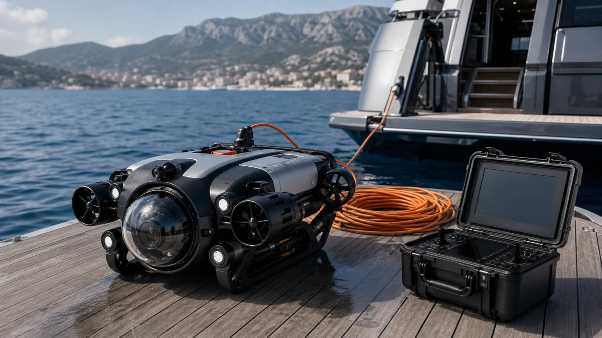 Compact tethered underwater ROV on a vessel deck beside calm blue water