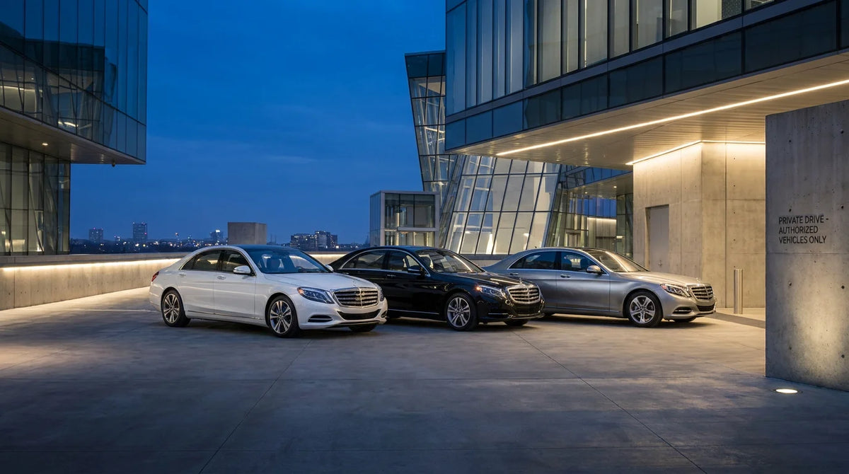 Three luxury sedans parked at a modern architectural setting during blue hour