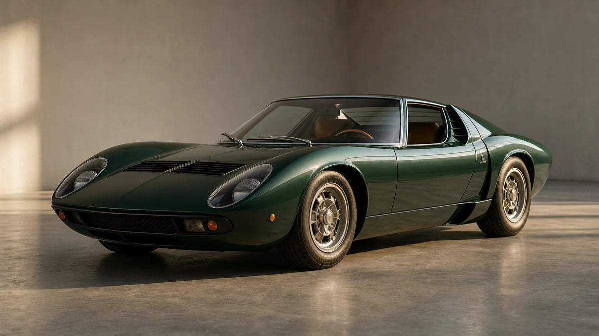 Low front three-quarter view of a 1960s-inspired Italian mid-engine sports coupe in a spacious studio.