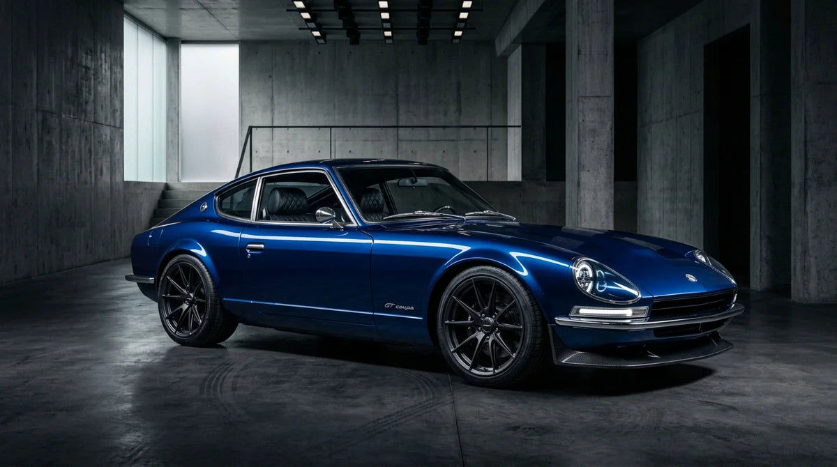 Luxury restomod classic sports car in a minimalist premium showroom