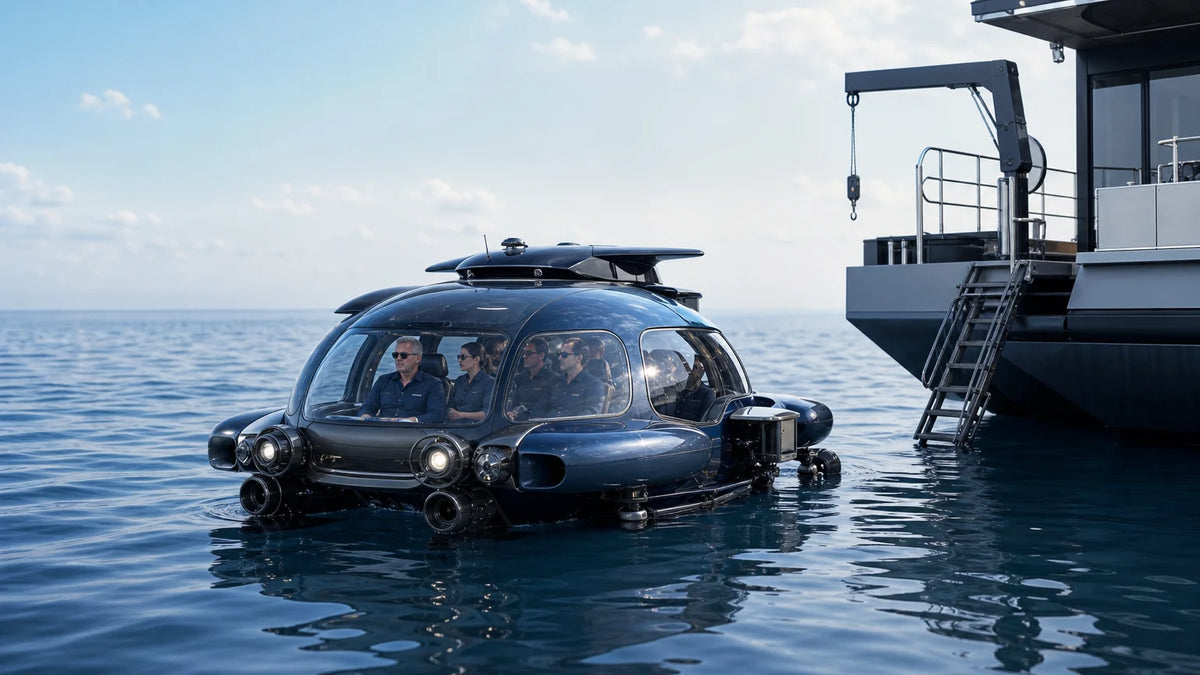 Five-person personal submersible beside an ocean support platform