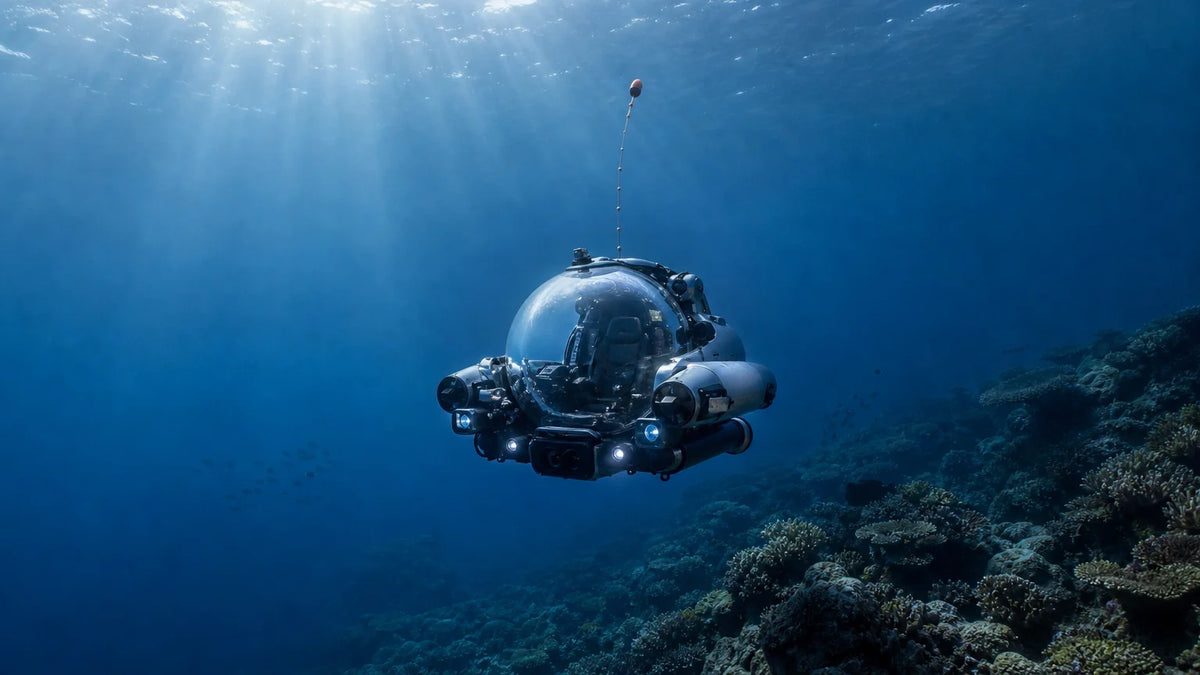 Compact electric personal submersible hovering above a blue underwater reef.