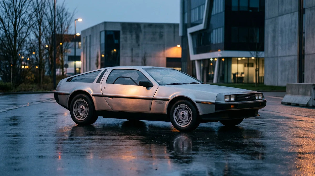 Stainless-steel wedge-shaped classic sports coupe photographed at dusk