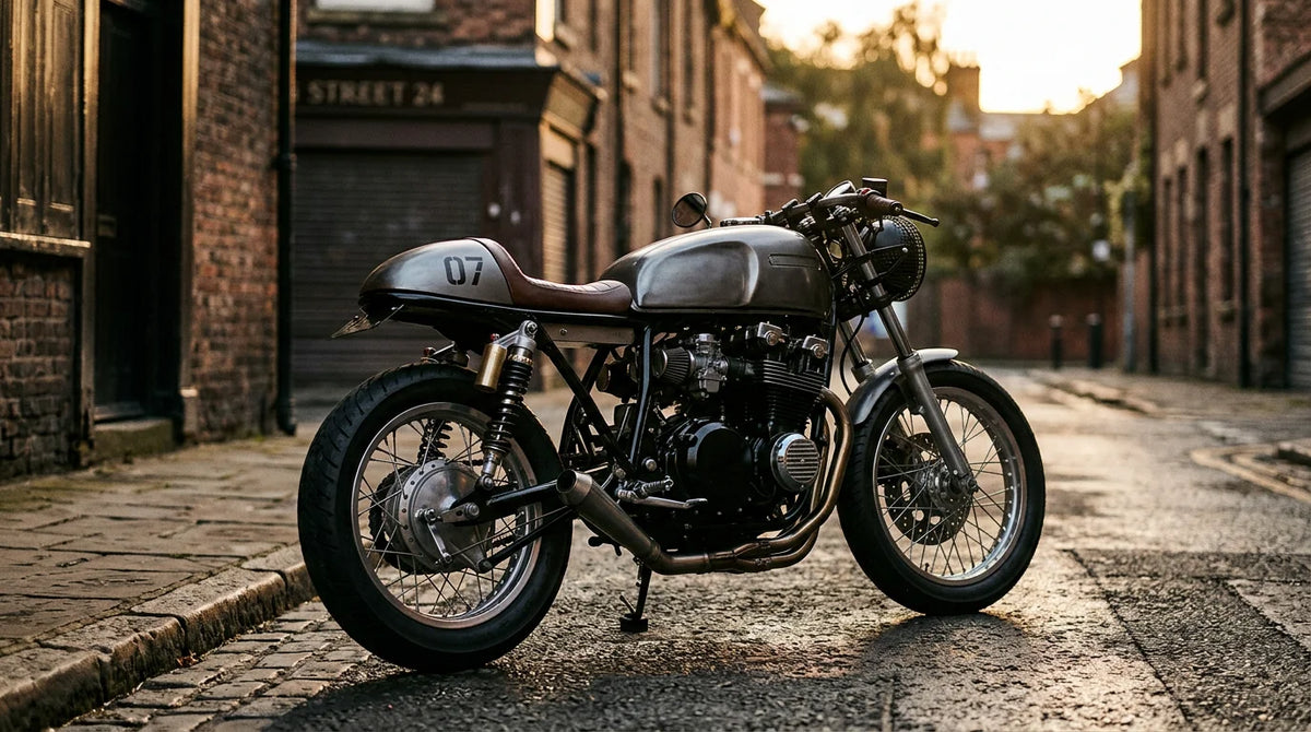 Custom cafe racer motorcycle parked on an urban street at golden hour