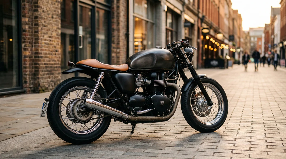 A custom motorcycle parked on an urban street at golden hour