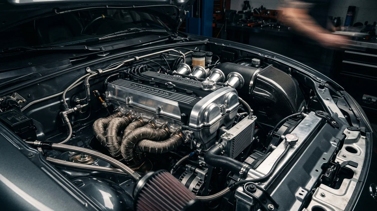 Naturally aspirated inline four-cylinder engine in a polished engine bay