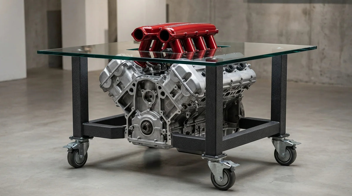 Genuine V8 engine coffee table under glass in a minimalist gallery