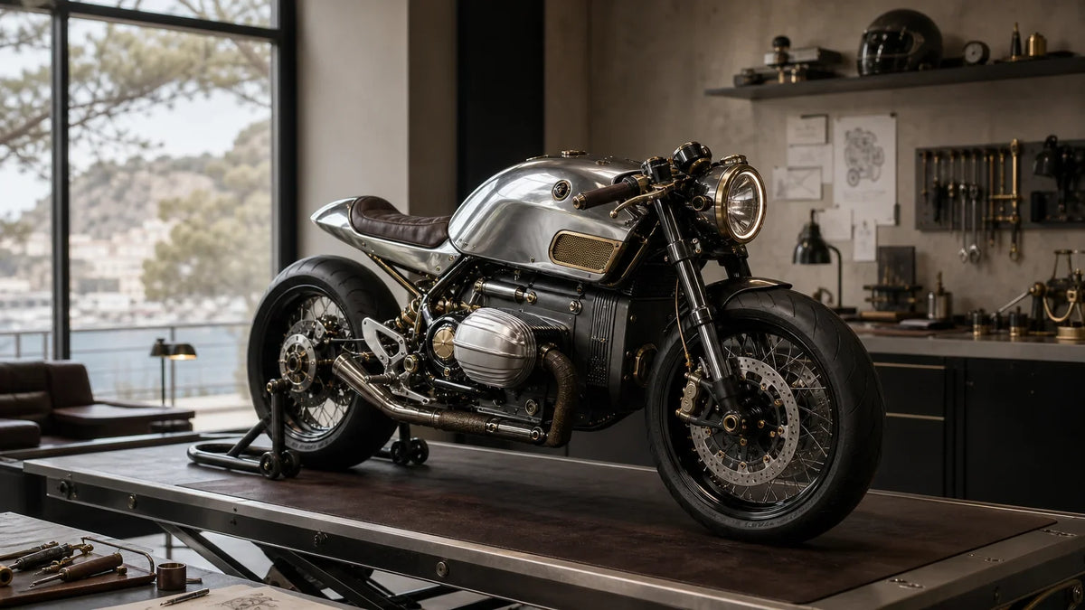 Unbranded luxury mobility object on a precision assembly table in a refined atelier