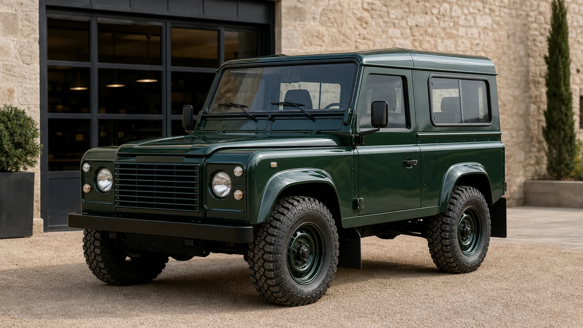 Custom classic 4x4 utility vehicle parked outside an automotive workshop