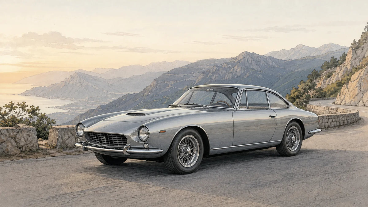 Silver 1960s Italian grand touring berlinetta on a quiet mountain road.