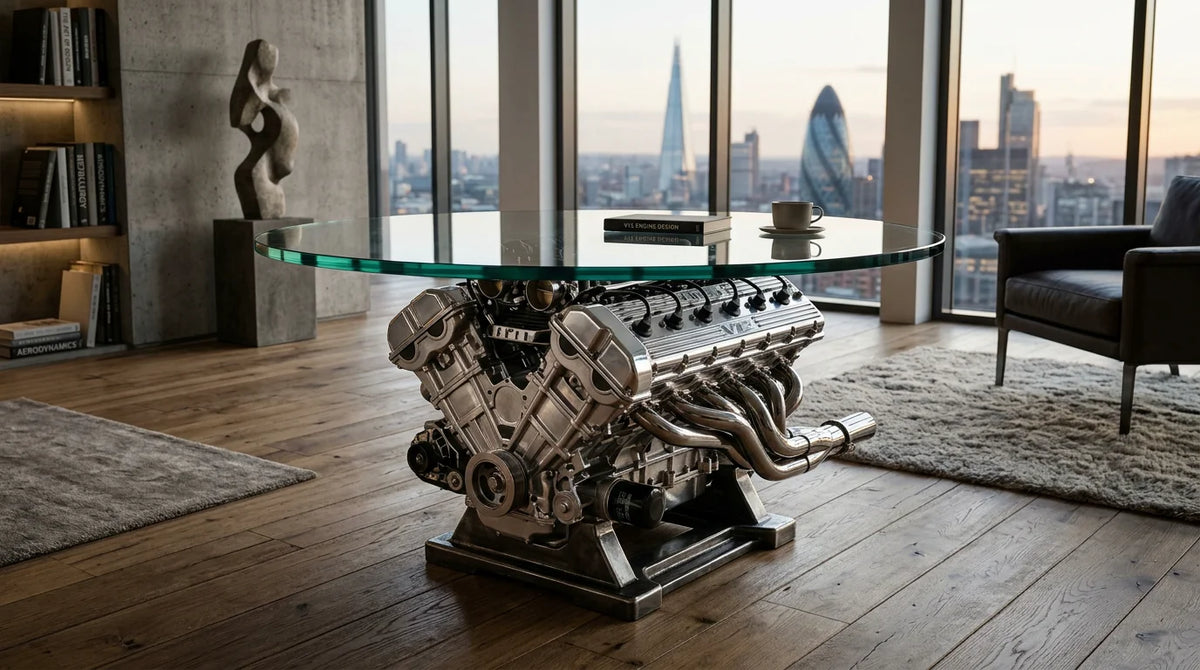 Authentic supercar V12 engine coffee table displayed in a luxury penthouse