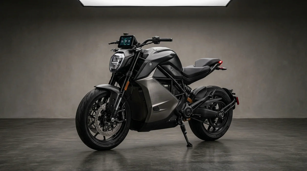 Modern electric motorcycle photographed in a professional studio setting