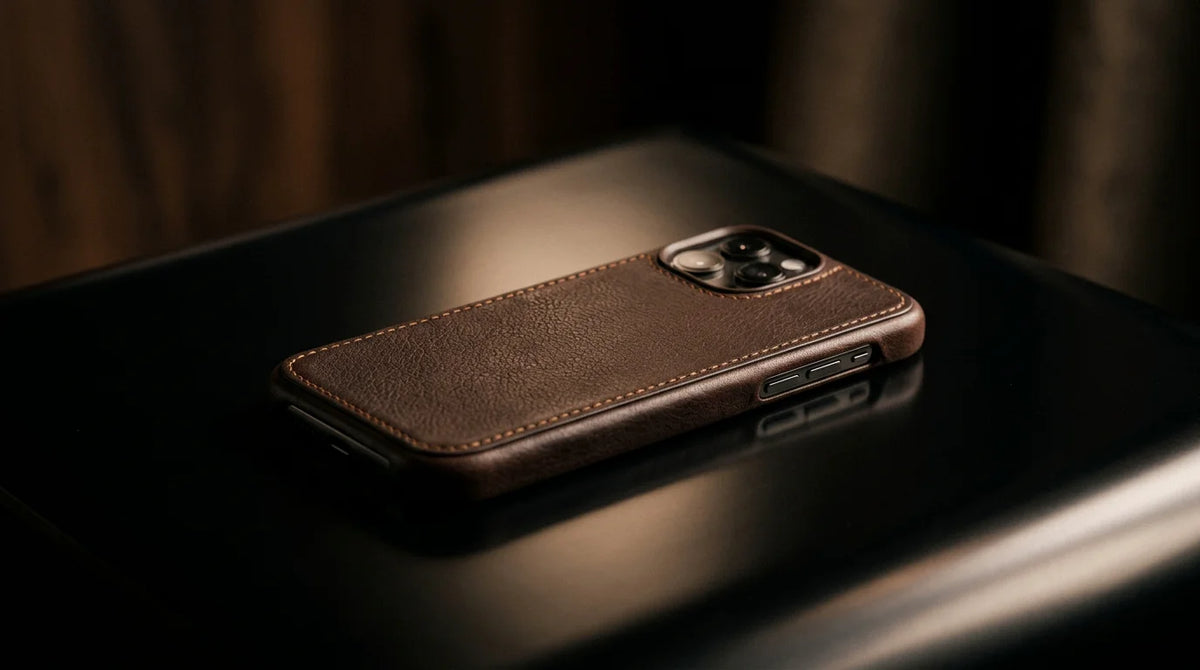 Luxury full-grain leather phone case on a polished dark surface