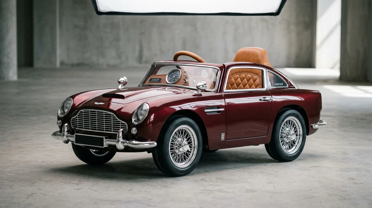 A luxury heritage-style children's electric ride-on car in a studio setting