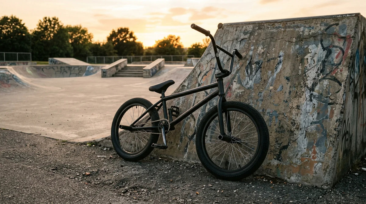 BMX bike leaning against a concrete skatepark ramp at golden hour