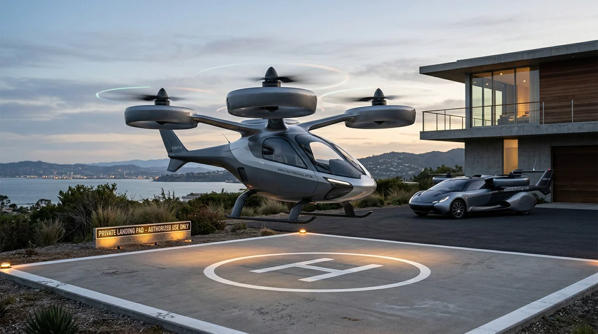 A personal eVTOL aircraft hovering above a landing pad with a roadable flying car behind