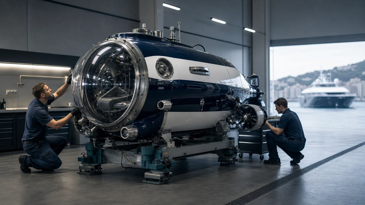 Personal submarine on a maintenance cradle in a marine workshop with technicians inspecting its systems.
