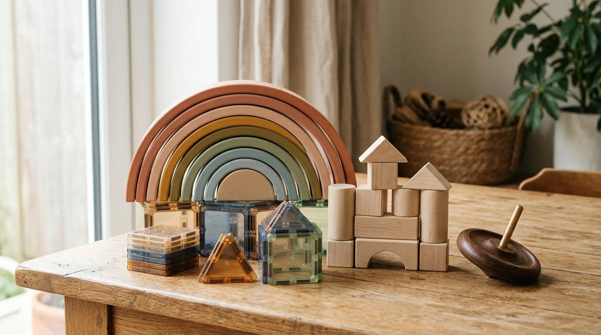 An elegant still life of premium wooden and magnetic design toys for children