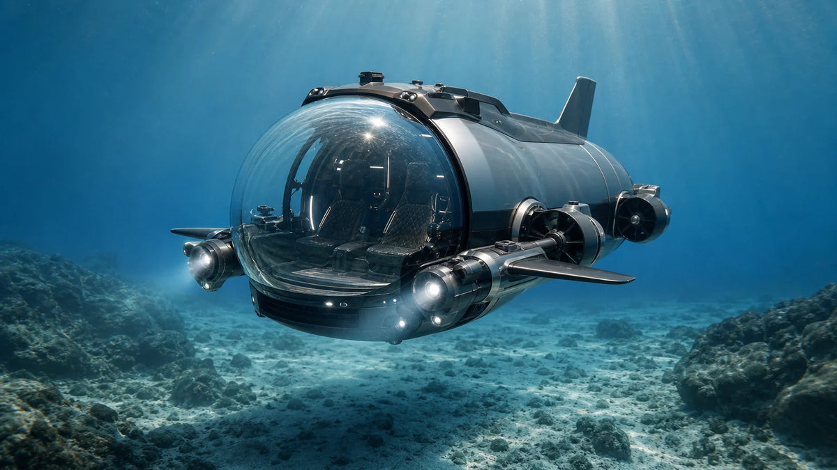 Compact luxury personal submersible cruising above a clear Mediterranean seabed