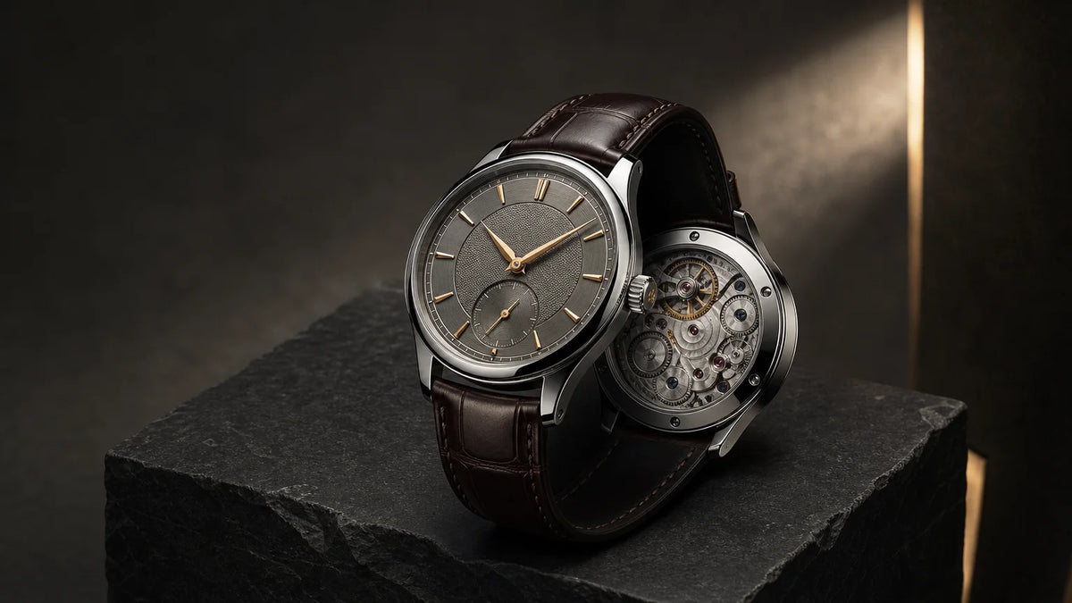 Unbranded mechanical luxury watch displayed on a charcoal pedestal