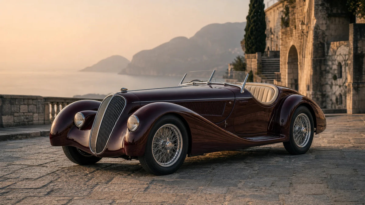 Dark burgundy pre-war Italian long-wheelbase roadster on a quiet European stone road