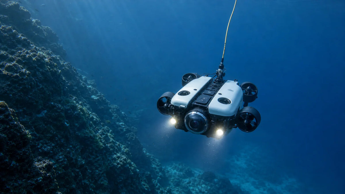 Tethered underwater ROV with camera lights descending over a blue reef