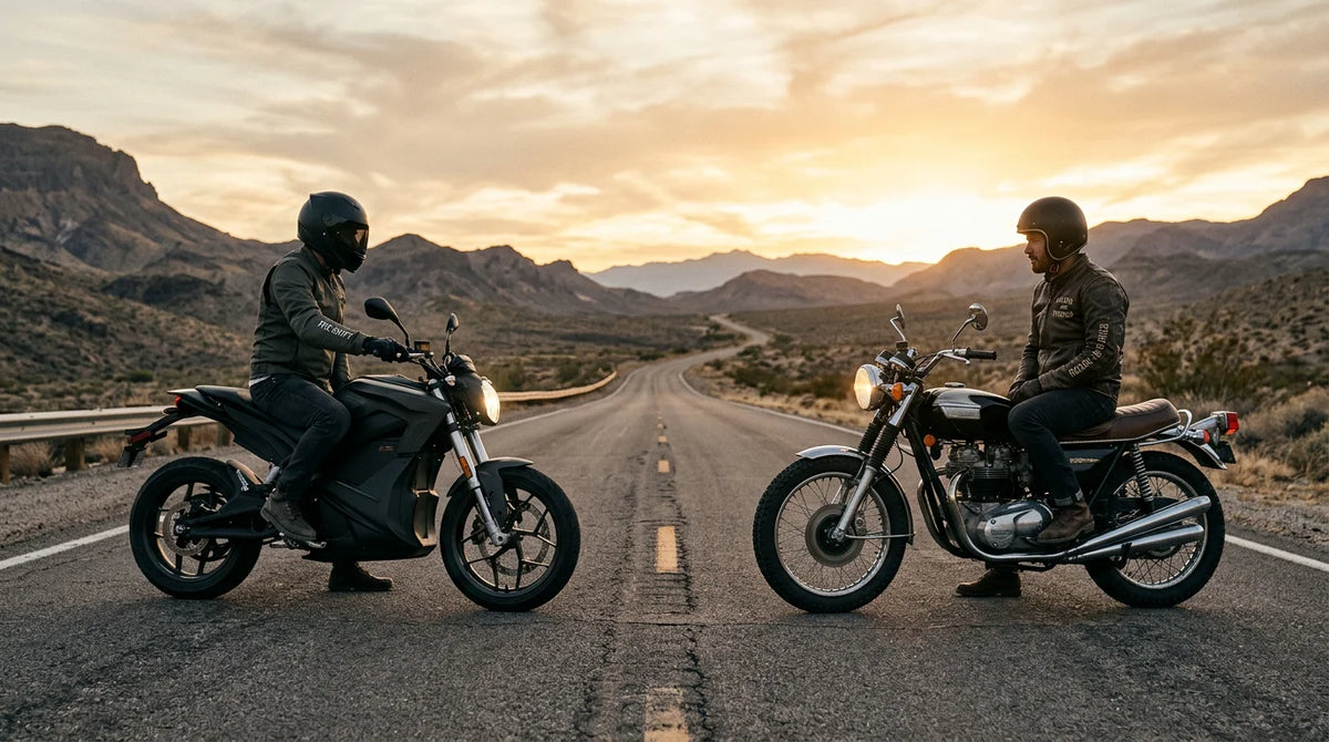 An electric motorcycle and a gasoline motorcycle facing each other on an open road