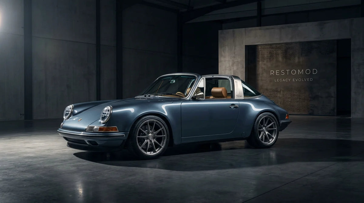 Classic car reimagined as a modern restomod in a studio setting