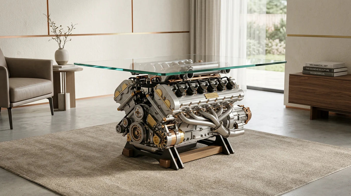 Restored supercar engine reimagined as a luxury glass-topped coffee table