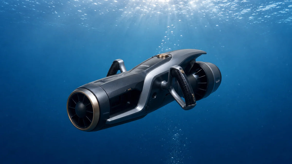 Premium electric underwater scooter gliding below the sea surface in clear blue water