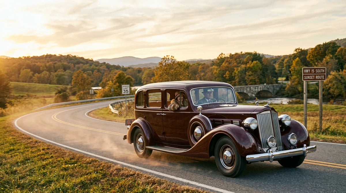 An elegant 1930s American luxury car on an open road at golden hour